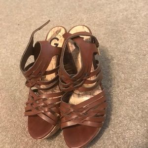 brown woven wedges